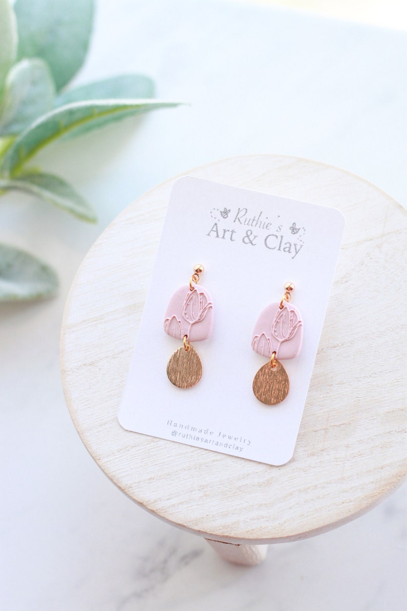 Tulip Gold Clay Dangle Earrings Handmade Polymer Clay Easter Dangle Earrings Pastel Easter Dangle Earrings Spring Clay Earrings image 1