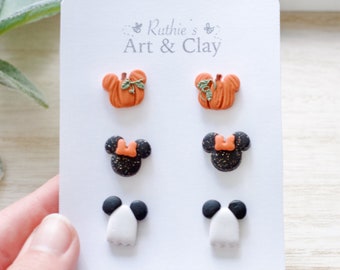 Mickey Pumpkin and Mickey Ghost, Stud Earring Pack | Handmade Clay Disney Themed Studs | Disney Halloween Earrings | Mickey Mouse Earrings