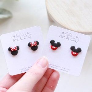 Mickey and Minnie Stud Earrings Handmade Clay Disney Mouse Themed Studs Small Earrings image 1