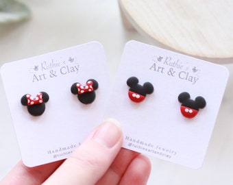 Mickey and Minnie Stud Earrings | Handmade Clay Mouse Themed Studs | Small Earrings | Theme Park Stud Earrings