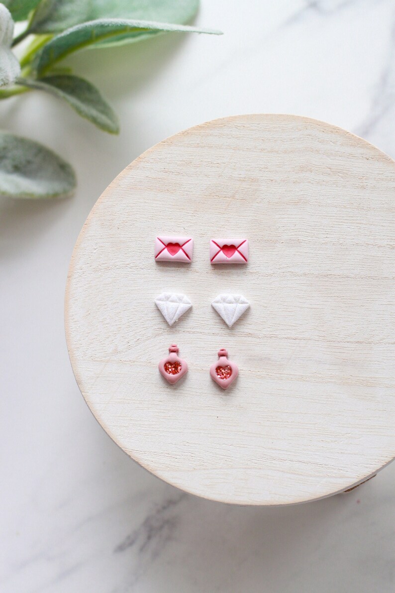 Love Potion Valentine's Day Clay Stud Earring 3 Pack Handmade Clay Stud Pack Love Letter Studs Glitter Diamond Studs image 1