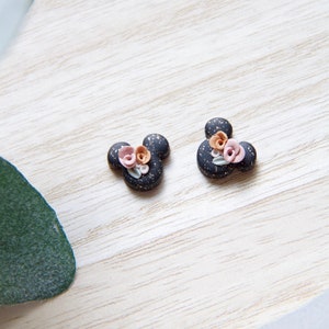 Floral Mouse Stud Earrings | Black Glitter and Floral Mickey Earrings | Handmade Clay Disney Inspired Studs | Small Earrings