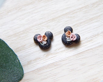 Floral Mouse Stud Earrings | Black Glitter and Floral Mickey Earrings | Handmade Clay Disney Inspired Studs | Small Earrings