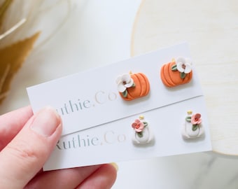 Floral Pumpkin Stud Earrings | Handmade Polymer Clay, Fall Style
