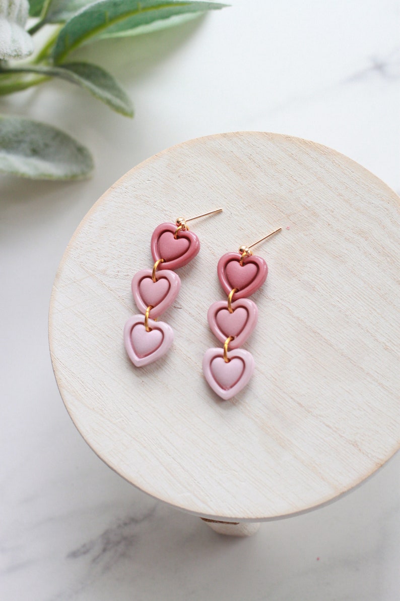 Ombre Stacked Heart Polymer Clay Dangle Earrings Handmade Polymer Clay Dangle Earrings Valentines Earrings Heart Earrings image 2