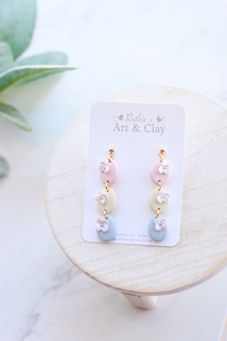 Pastel Floral Egg Dangle Earrings Handmade Polymer Clay Easter Dangle Earrings Pastel Easter Dangle Earrings Spring Clay Earrings image 4