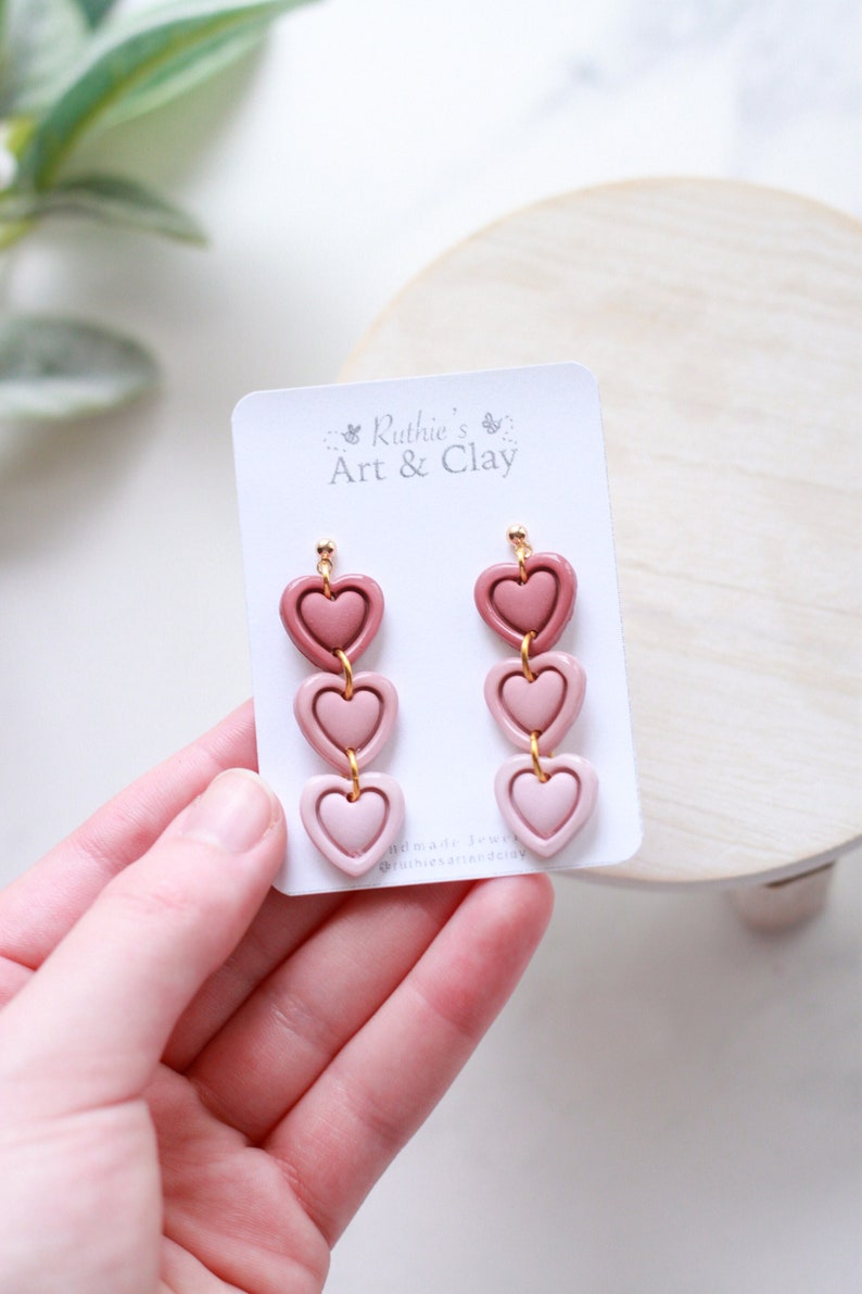 Ombre Stacked Heart Polymer Clay Dangle Earrings Handmade Polymer Clay Dangle Earrings Valentines Earrings Heart Earrings image 1