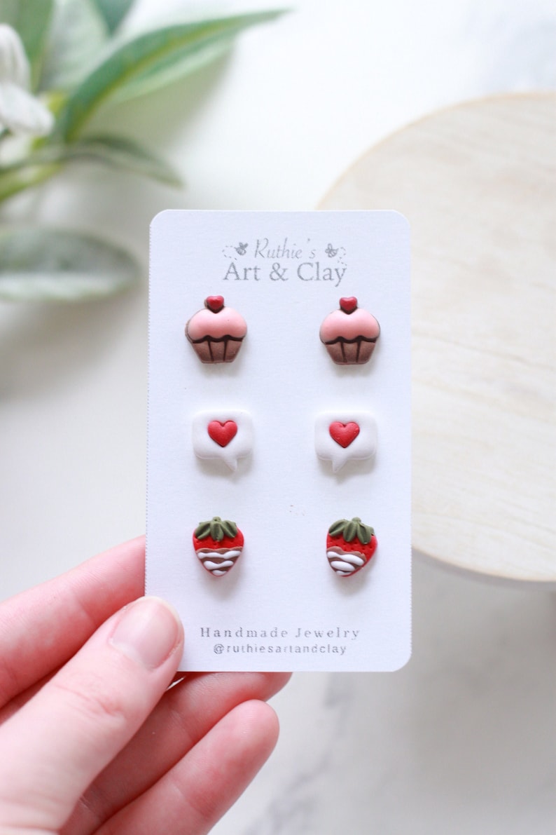 Valentine's Day Clay Stud Earring 3 Pack Handmade Clay Stud Pack Cupcake Studs Chocolate Covered Strawberry Studs Text Bubble Studs image 1