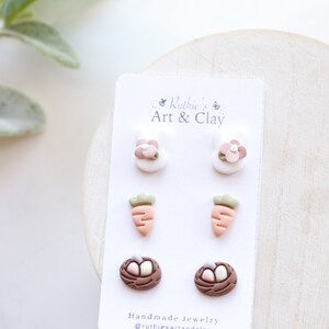 Pastel Easter Clay Earring Stud Pack Handmade Polymer Clay Easter Bunny Stud Earring Pack Spring Clay Studs Nest, Carrot, Bunny Studs image 2