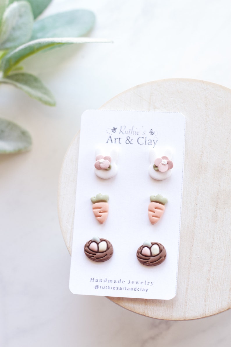 Pastel Easter Clay Earring Stud Pack Handmade Polymer Clay Easter Bunny Stud Earring Pack Spring Clay Studs Nest, Carrot, Bunny Studs image 2