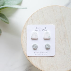 White Pink and Blue Toile Stud Earring 2 Pack Handmade Polymer Clay Stud Earrings Spring Clay Earrings Small Spring Earrings image 5