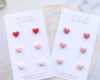 Tiny Heart Clay Stud Earring 3 Pack | Handmade Polymer Clay Heart Stud Pack | Valentines Day Stud Earrings