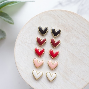 Gold Trimmed Heart Clay Stud Earrings Handmade Polymer Clay and Resin Studs Valentines Day Stud Earrings Gold Heart Earring image 2