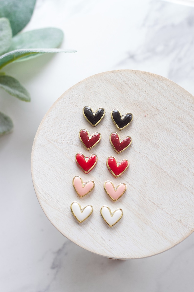 Gold Trimmed Heart Clay Stud Earrings Handmade Polymer Clay and Resin Studs Valentines Day Stud Earrings Gold Heart Earring image 2