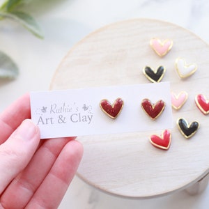 Gold Trimmed Heart Clay Stud Earrings Handmade Polymer Clay and Resin Studs Valentines Day Stud Earrings Gold Heart Earring image 4