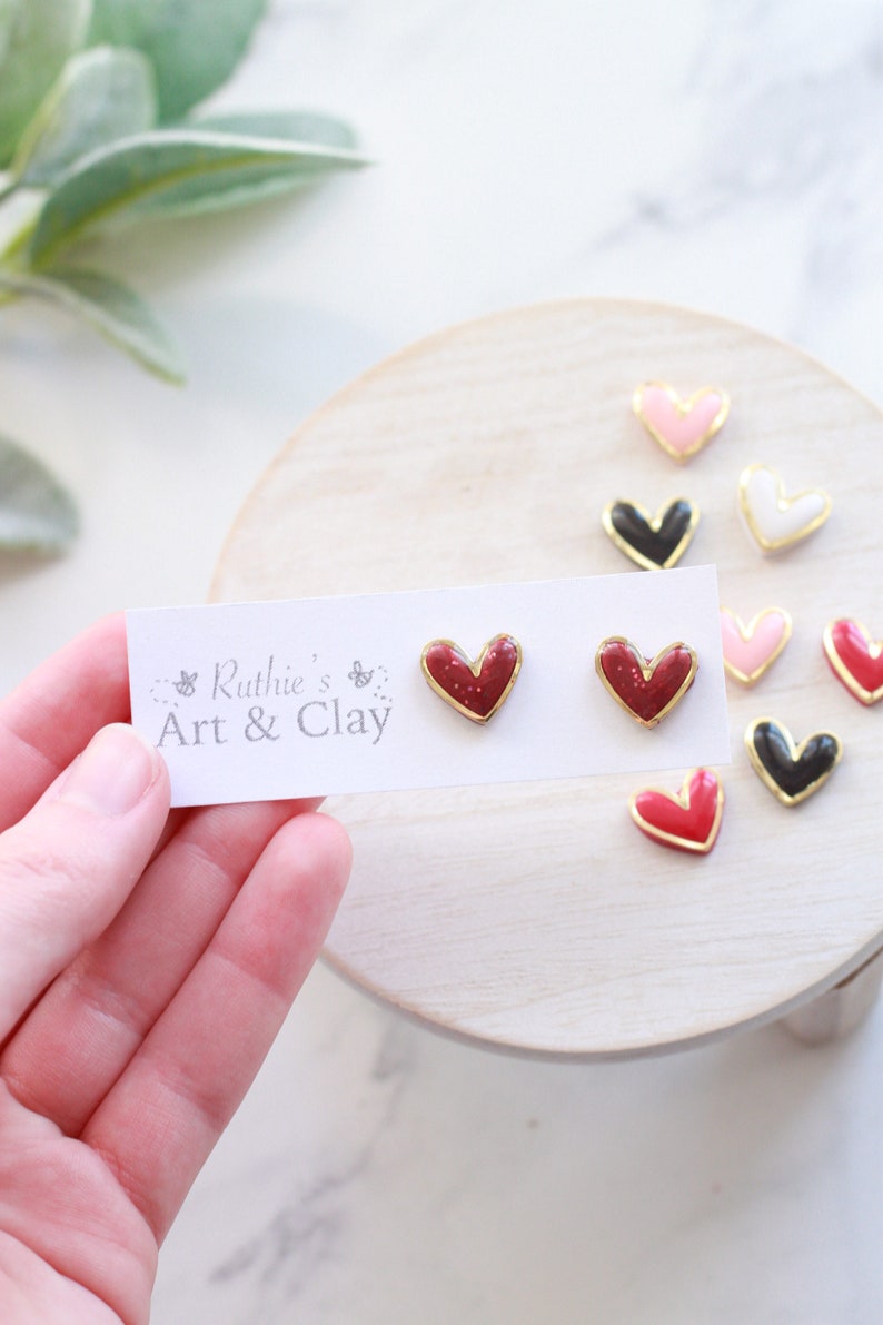 Gold Trimmed Heart Clay Stud Earrings Handmade Polymer Clay and Resin Studs Valentines Day Stud Earrings Gold Heart Earring image 4