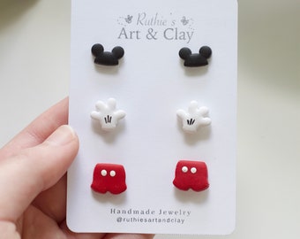 Mickey Inspired Polymer Clay Stud 3 Pack | Mouse Clay Themed Earrings | Polymer Clay Studs Earrings | Handmade Disney Inspired Earrings