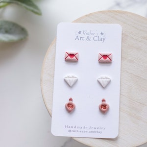 Love Potion Valentine's Day Clay Stud Earring 3 Pack Handmade Clay Stud Pack Love Letter Studs Glitter Diamond Studs image 3