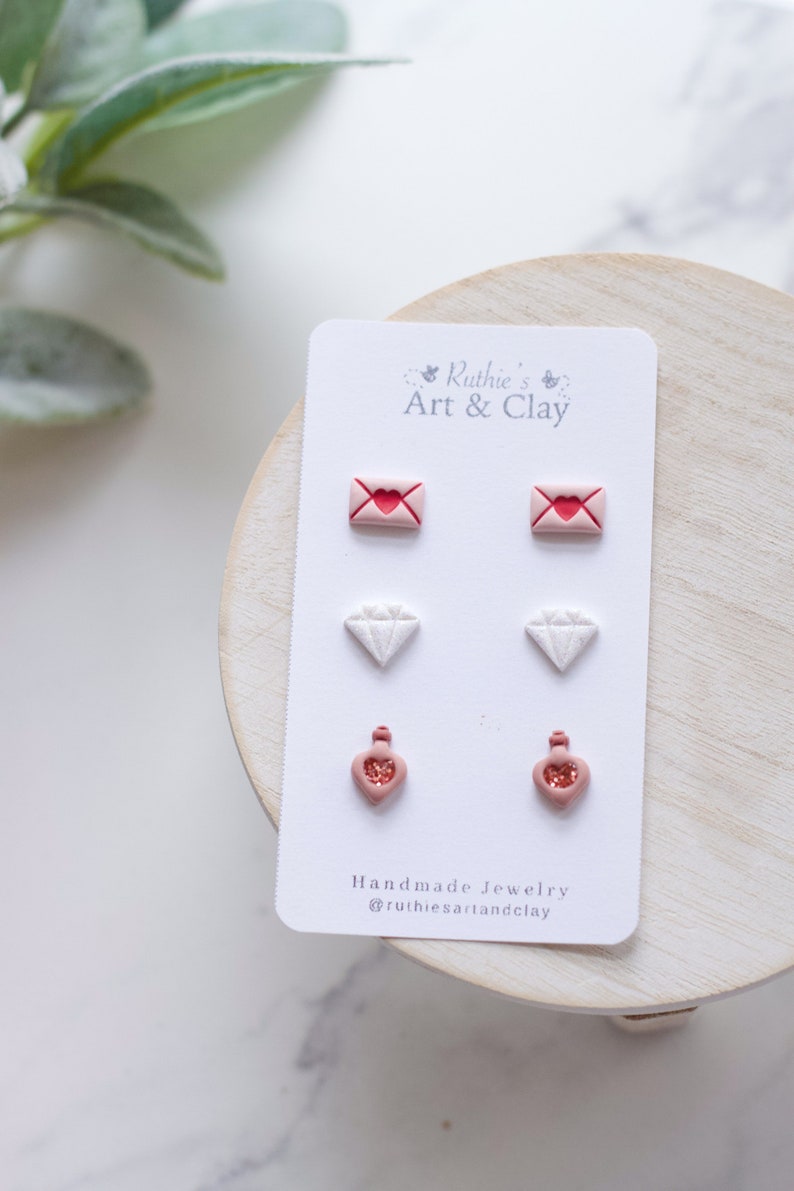Love Potion Valentine's Day Clay Stud Earring 3 Pack Handmade Clay Stud Pack Love Letter Studs Glitter Diamond Studs image 3