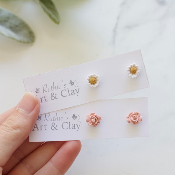 Tiny Polymer Clay Daisy and Pink Rose Studs | Small Clay Flower Stud Earrings | Handmade Polymer Clay Daisy Flower Earrings