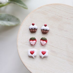 Valentine's Day Clay Stud Earring 3 Pack Handmade Clay Stud Pack Cupcake Studs Chocolate Covered Strawberry Studs Text Bubble Studs image 5