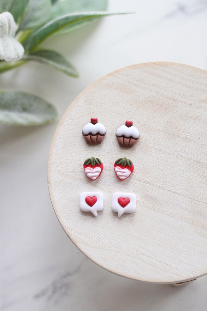 Valentine's Day Clay Stud Earring 3 Pack Handmade Clay Stud Pack Cupcake Studs Chocolate Covered Strawberry Studs Text Bubble Studs image 5