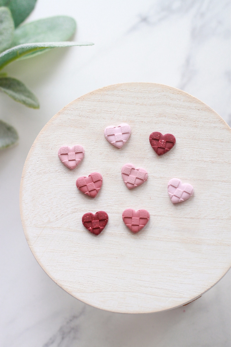 Checkered Valentine's Day Clay Stud Earrings Small Heart Clay Stud Earrings Pink Checker Textured Earrings image 3