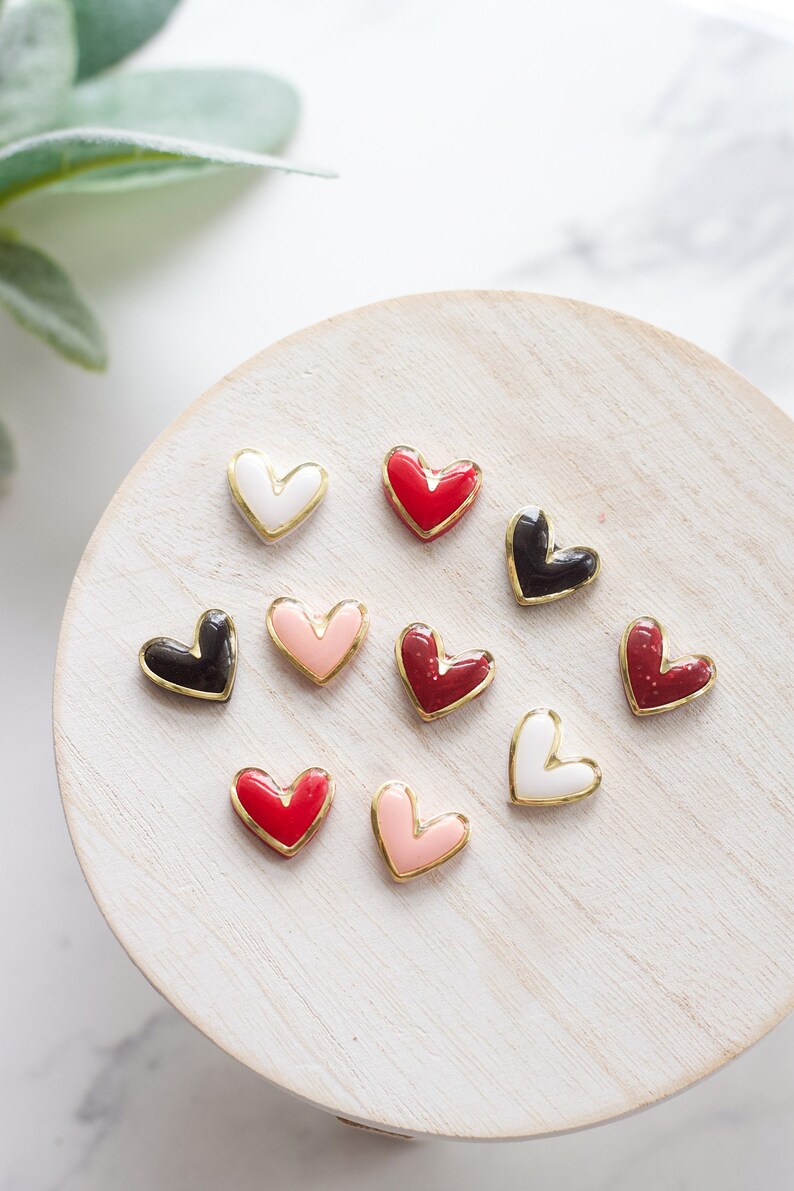 Gold Trimmed Heart Clay Stud Earrings Handmade Polymer Clay and Resin Studs Valentines Day Stud Earrings Gold Heart Earring image 3