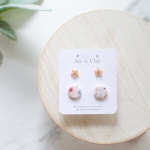 Gold Flower Stud and Floral Clay Earring 2 Pack Handmade Polymer Clay Stud Earrings Spring Clay Earrings Small Spring Earrings image 2