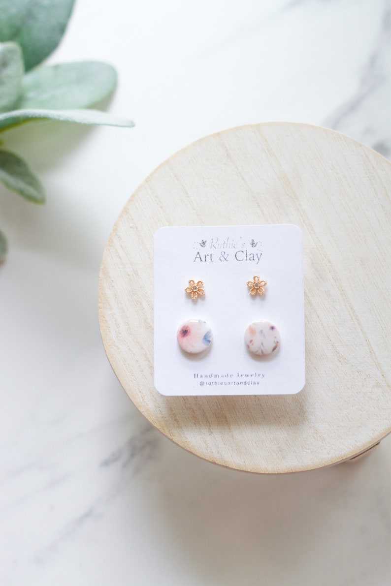 Gold Flower Stud and Floral Clay Earring 2 Pack Handmade Polymer Clay Stud Earrings Spring Clay Earrings Small Spring Earrings image 2