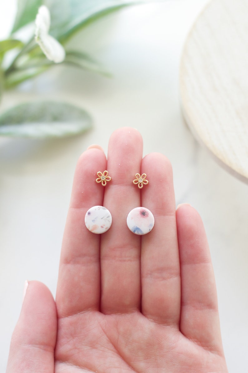 Gold Flower Stud and Floral Clay Earring 2 Pack Handmade Polymer Clay Stud Earrings Spring Clay Earrings Small Spring Earrings image 3