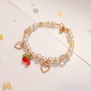 Cherry Pendent Cat Collar Necklace - Handbeaded Pearl Cat Jewelry - Luxurious Beaded Cat Collar for Photoshoots or Dress up