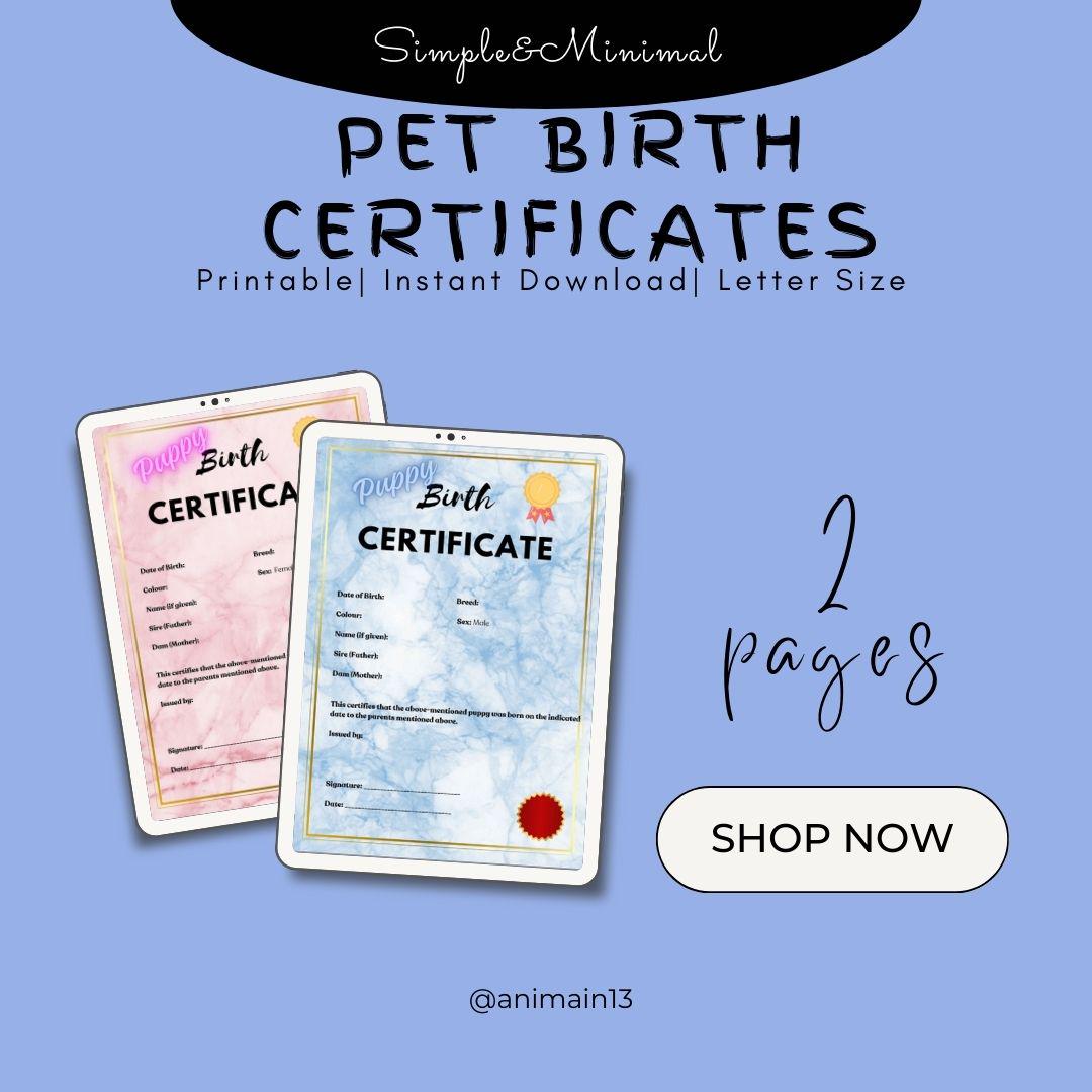 Cute Pet Birth Certificates Printable Pet Birth Record Personalised Pet ...