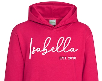 Personalisierter Name und Jahr Hoodie für Mädchen, Personalisierte Namensgeschenke für Mädchen, Geburtstags top Sweatshirt Outfit