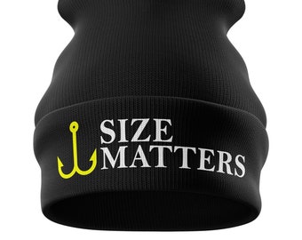 May include: Black beanie with a white embroidered hook and the text "SIZE MATTERS".