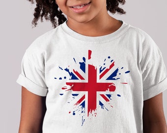 T-shirt Union Jack pour enfants, T-shirt Union Jack Paint Splatter pour enfants, Kids Kings Coronation Street Party