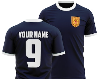Camiseta de uniforme deportivo para hombre color azul marino y blanco de la seleccion nacional de futbol y rugby de Escocia de la marca escocesa Macron 2017 18 de punto talla M L