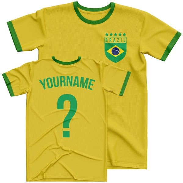 Brazil Name And Number Supporters Outfit, Brazil Football Top, Supporters Tee Personalised Football Customised T Shirt Babywear Him Hers