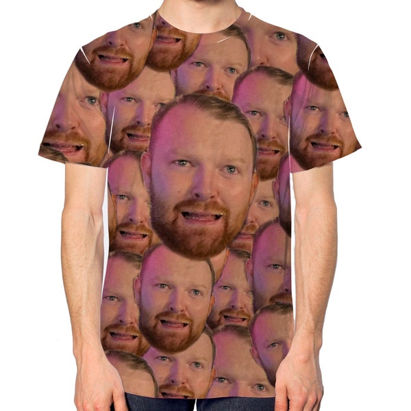 Camiseta unisex personalizada con estampado facial integral, ideal para despedidas de soltero/a, cumpleaños, con mensajes divertidos o para personalizar con tu rostro.
