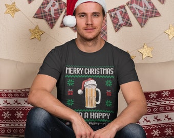 Happy New Beer Christmas T Shirt, Dad Fair Isle Christmas Top for Men, Funny Xmas T Shirt Tshirts Top Tee Gift Gifts