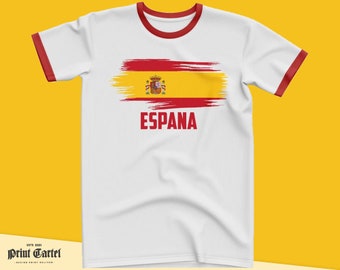 Espana Flag T Shirt, Spain Tshirt Ringer White Red Espana Supporters Shirt, Mens T-Shirt Fan Gifts Spain Flag Tee Spain Gift Idea Espana