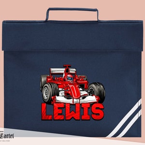Sac de livre de voiture de course personnalisé, sac d’école personnalisé, cadeau parfait pour retourner à l’école, sac de livre de nom personnalisé, porte-livre, voitures de course
