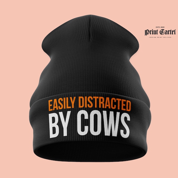Fácilmente distraído por las vacas gorro sombrero, gorro embrodado, regalo de granjero divertido, regalo para granjero, sombrero de gorro, sombrero de invierno unisex