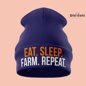 Eat Sleep Farm Repeat Beanie Mütze, Beanie Beanie Beanie, Beanie Beanie, Lustiges Geschenk für Landwirt, Winter Kopfbedeckung Unisex