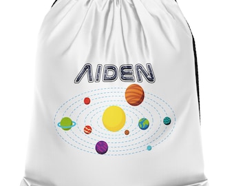 Customised Space Drawstring Bag for Kids, Custom Name Galaxy Backpack, Solar System Sack, Boys School Bags, Nursery Tote, Science Gift Idea
