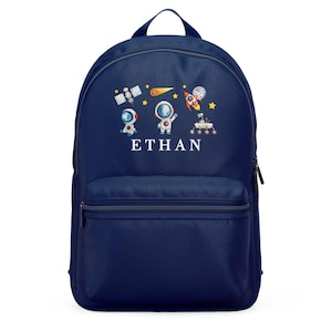 Custom Backpack with Name, Outer Space Theme, Astronaut Rocket and Planet Design, Personalised School Bag for Boys, Toddler Preschool Gift
