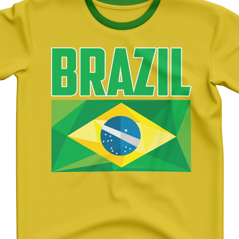 May include: Yellow t-shirt with a green collar and the word "BRAZIL" in green letters. The shirt features a green, yellow, and blue Brazilian flag.
