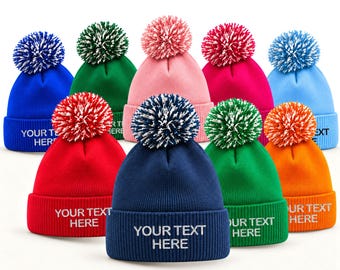 Personalised Bobble Hat Embroidered, Custom text Bobble Hat, Embroidery Group Hats, Funny Hat Gift