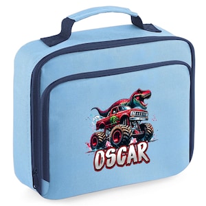 Boys Customised Dinosaur Lunch Bag, Red Dino Monster Truck, Lunch Bags with Name, Toddler and Children Lunch Box, School Lunch Bags for Kids
