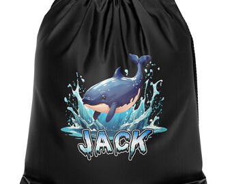 Kids Personalised Whale Drawstring Bag, Water Splash Design, Custom Name Back to School Sports Gift, Birthday Bag Present for Boys and Girls
